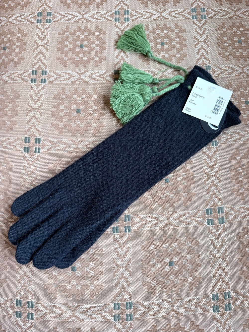 Cole Haan 100% Cashmere Fringe Gloves Black w/ Green Tassels NWT